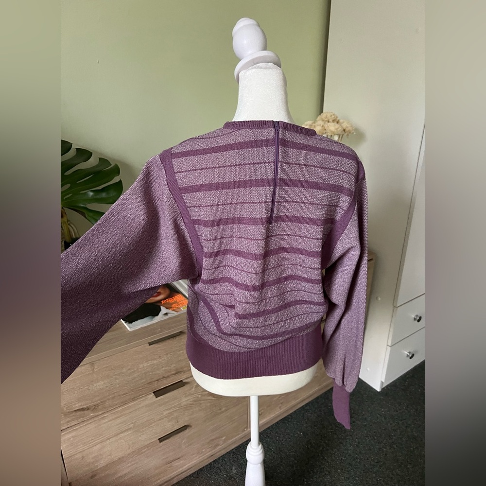 Vintage Pastel Purple Balloon Sleeve Striped Relaxed Fit Knit Modest Sweater M - Picture 8 of 16